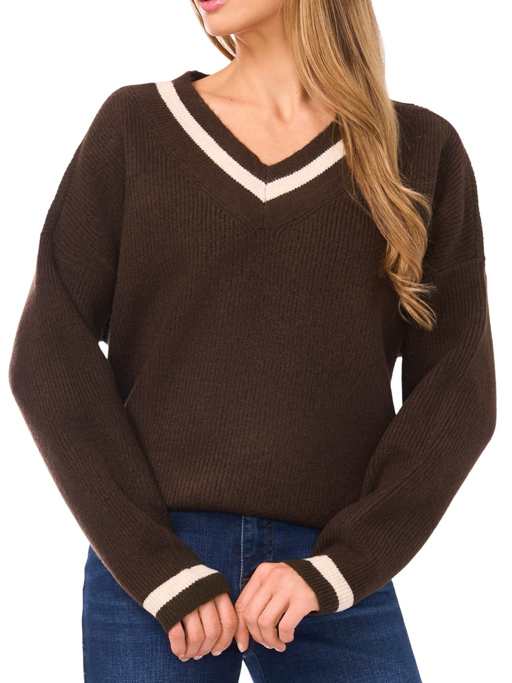 CeCe V-Neck Varsity Sweater Brown Sweater Academia Preppy Fall Neutral Layering